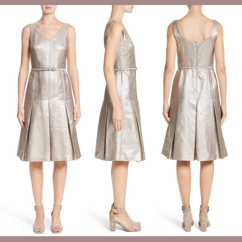 NWT Lafayette 148 Lois Ceremonial Cloth Dress in‎ Oyster Metallic [SZ 16 ]